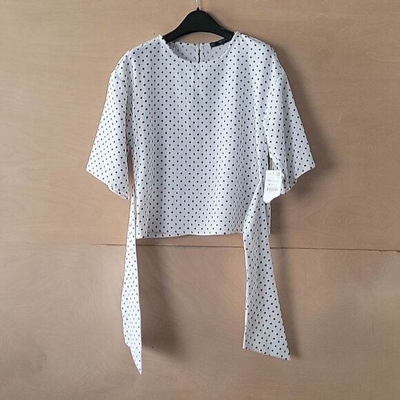 NWT Zara XS Wrap Tie Polka Dot Blk White Blouse Coquette Bow Modest Feminine Top - Picture 11 of 15
